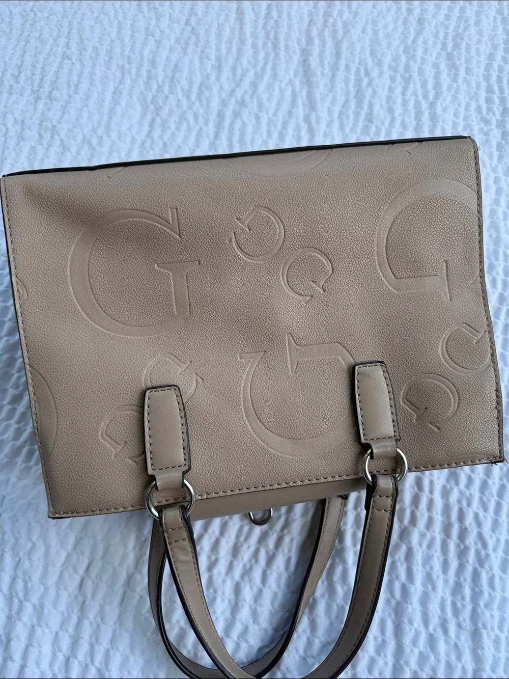 GUESS Taupe Embossed Logo Satchel with Charm